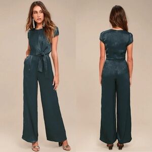 NWT Let Me Entertain You Dark Green Satin Wide-Leg Jumpsuit